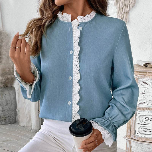 Elegant Single-breasted button Blue Shirt For Women - Velora