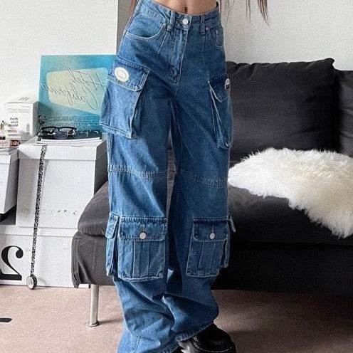 Blue Denim Pant Baggy Boyfriend Cargo Jeans for Women - Velora