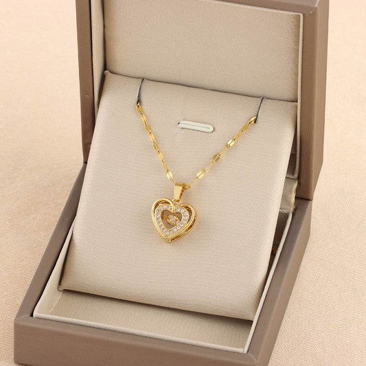 Double-layer Love Necklace With Rhinestones Titanium Steel Pendant Fashion Jewelry Woman Valentines Day Gift - Velora