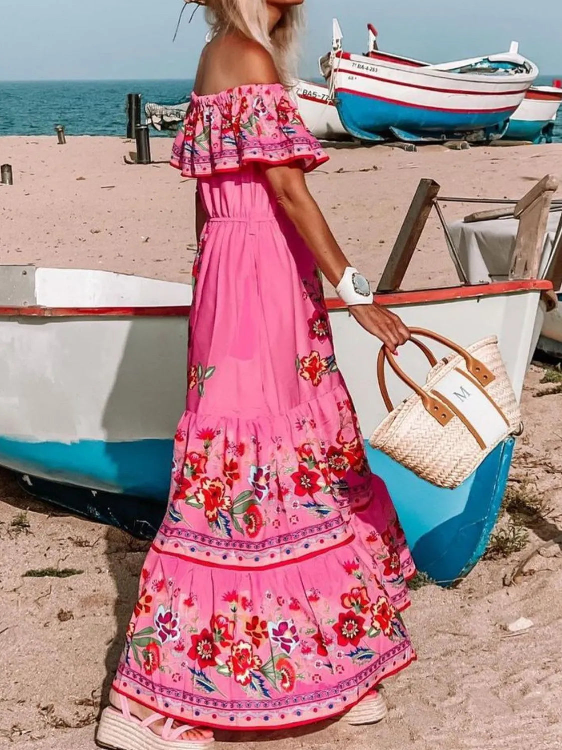 Floral Off Shoulder Ruffle Maxi Dress - Velora