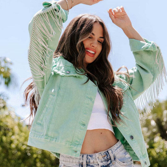 Denim Jacket Women – Light Green Cotton Long Sleeve Jacket - Velora