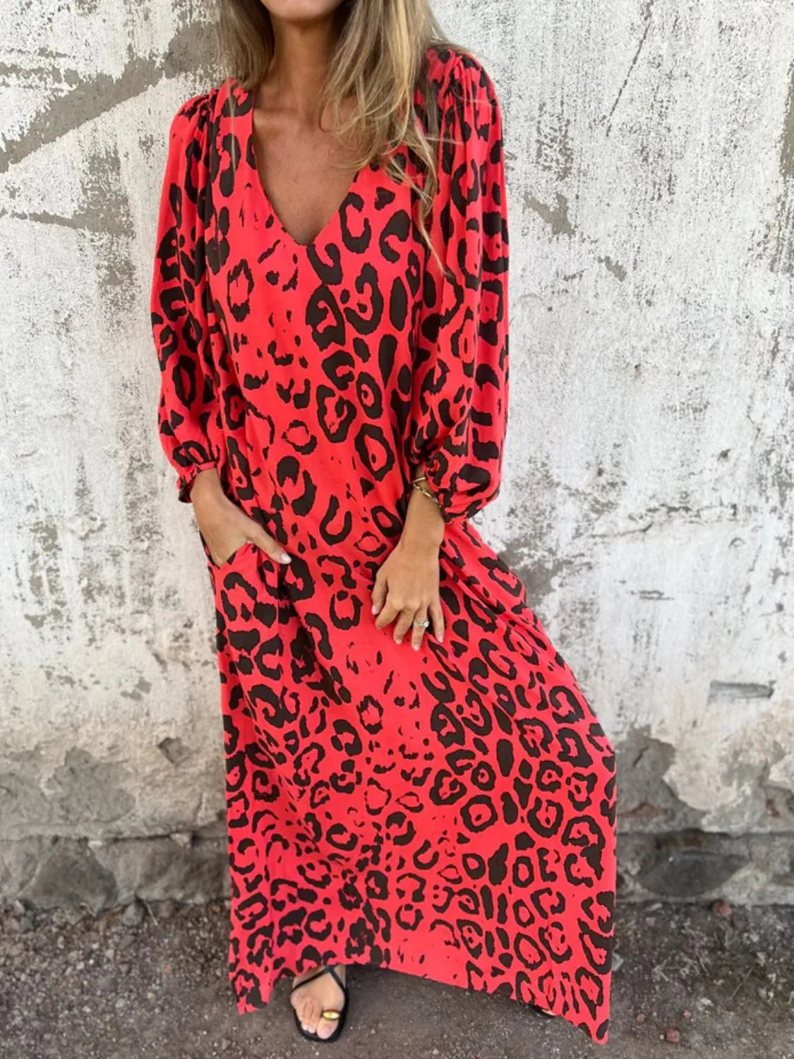 Full Size Printed V-Neck Dress with Pockets Plus Size - Velora