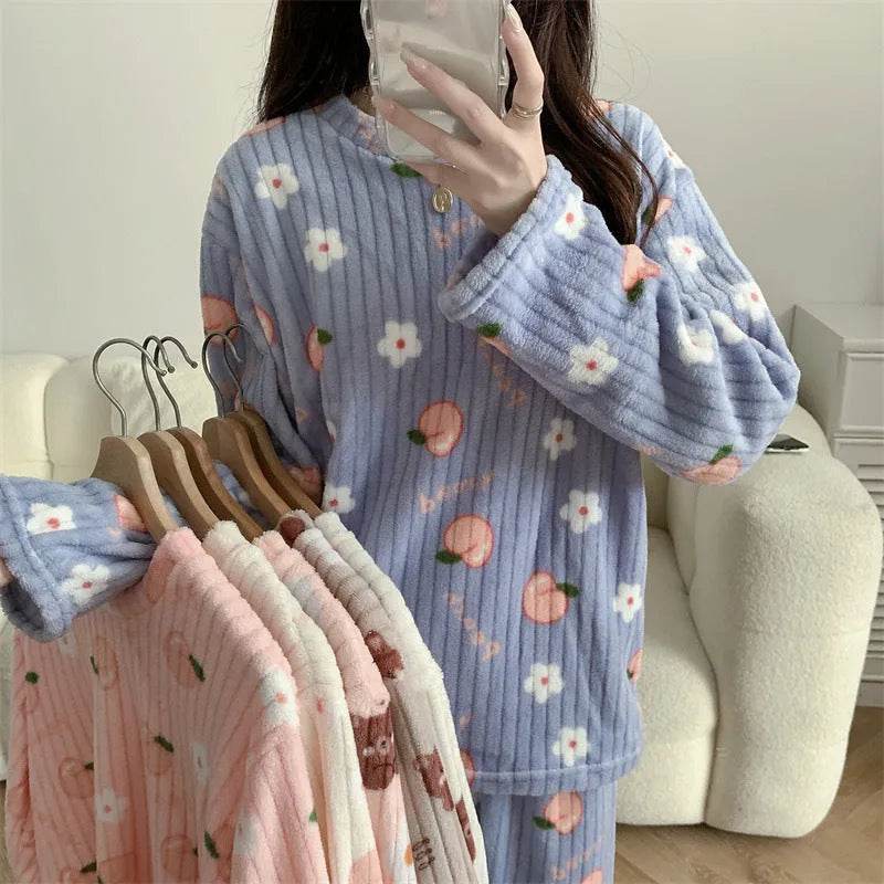 2pcs Women's Fall Winter Warm Pajamas Sets Coral Long Sleeve Cute Cartoon Bear Sleepwear Nightclothes - Velora
