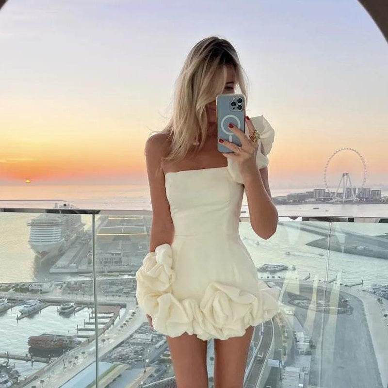 Fashion One-shoulder One-shoulder Dress Sexy Slim Ruffled Flower-bud Design Short Dress For Evening Party Womens Clothing - Velora