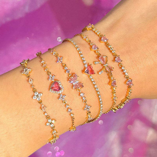 Sweet Bow Heart Rhinestone Bracelet Y2K Ins Fashion Chain Bracelet Valentine's Day - Velora