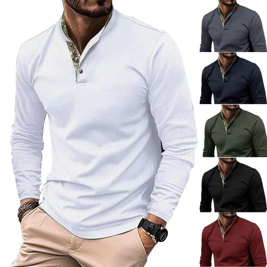 Men's Double Layer Lapel Polo Shirt Fashion Waffle Long-sleeved Tops Clothing - Velora