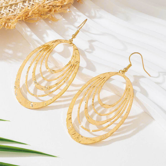 European And American Fashion Elegant 3 Layer Hollow Oval Shaped Big Gold-color Stainless Steel Dangle Drop Earrings - Velora
