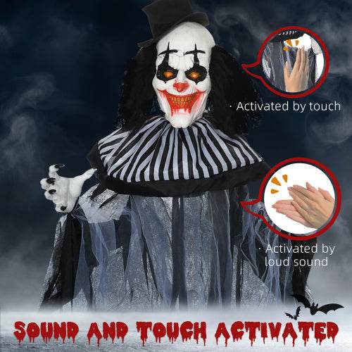 HOMCOM 6 Life Size Outdoor Halloween Decoration, Classic Black And White Striped Clown Animatronic, Sound And Motion Activated Animated Prop With Light Up Eyes Sounds - Velora