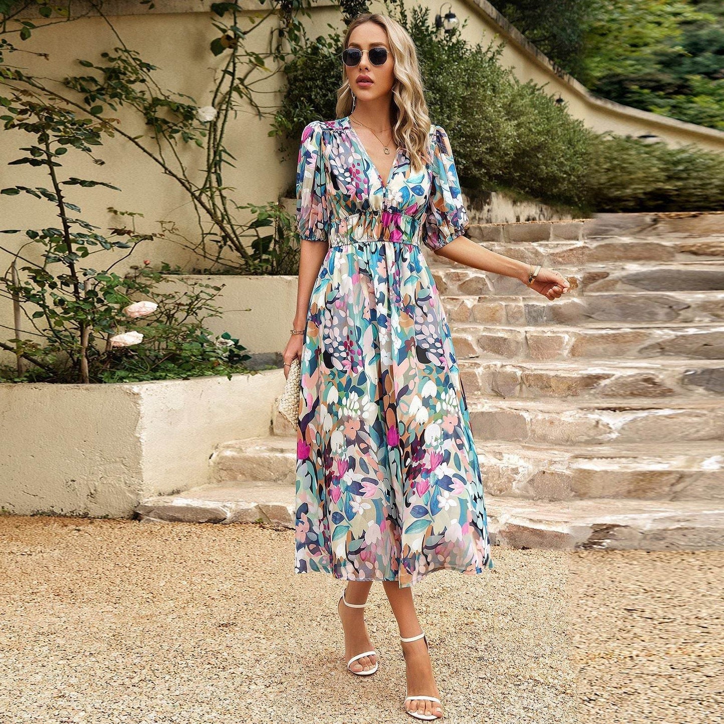New V-neck Printed Short-sleeved Long Dress Summer Fashion Slim Seaside Vacation Beach Dresses For Women Clothing - Velora