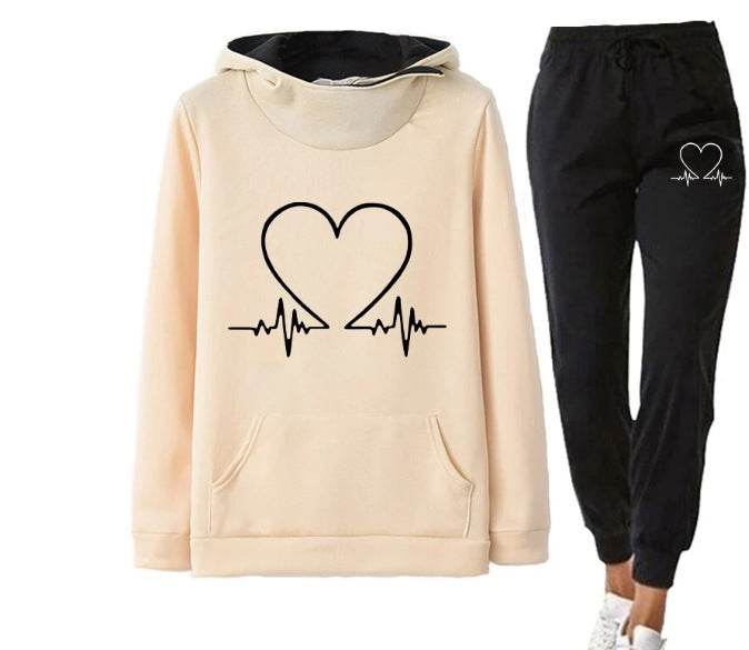 Love Heart Printed Sports Suit Hooded Sweatshirt Top And Drawstring Pants Fashion Casual Clothing For Women - Velora