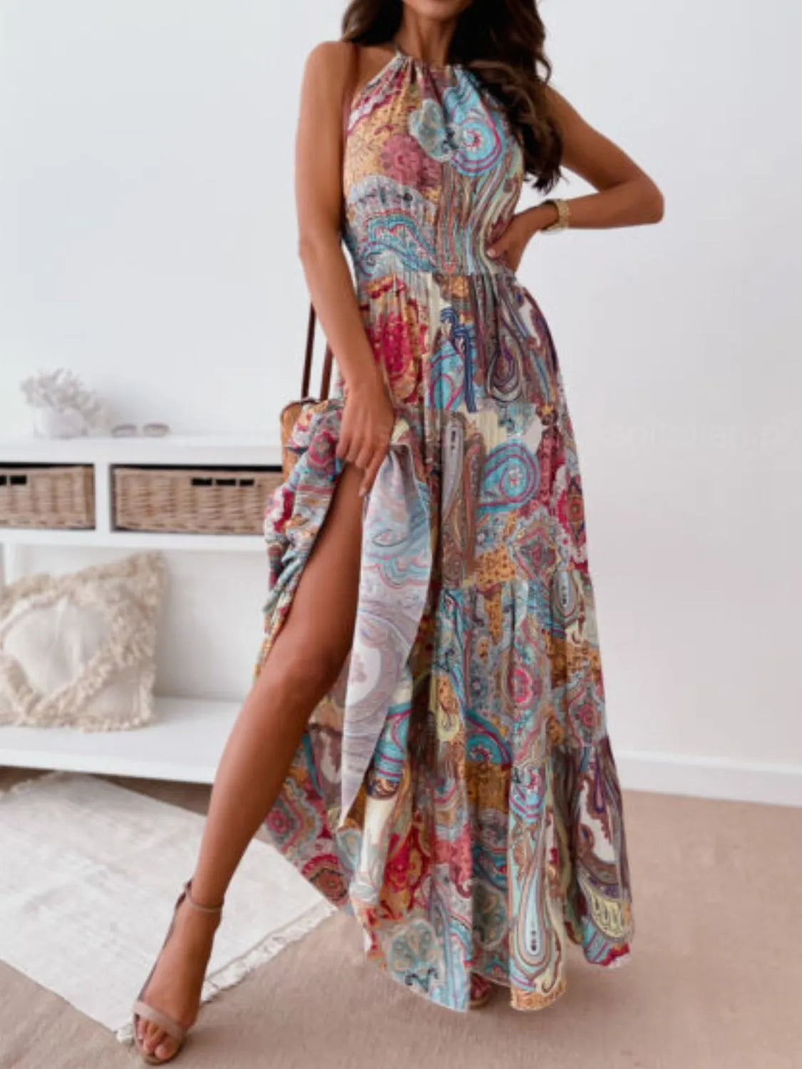 Printed Halter Neck Maxi Dress - Velora