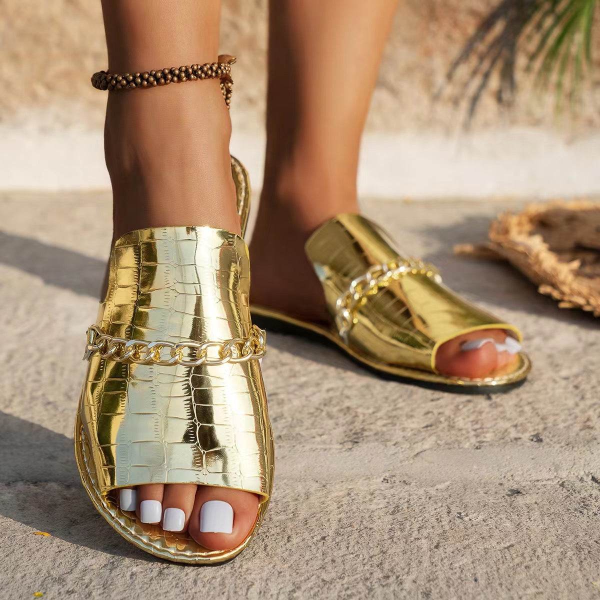 Pattern Chains Sandals Summer Fish Mouth Flat Slides Shoes Women Casual Vacation Beach Slippers - Velora