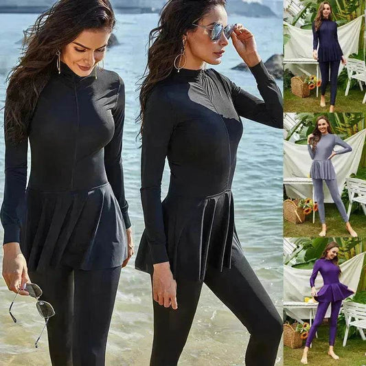 Pure Color Long-sleeved Trousers Fully Surrounded By Conservative Beach Surfing Sunscreen ArabOne-piece Swimsuit - Velora