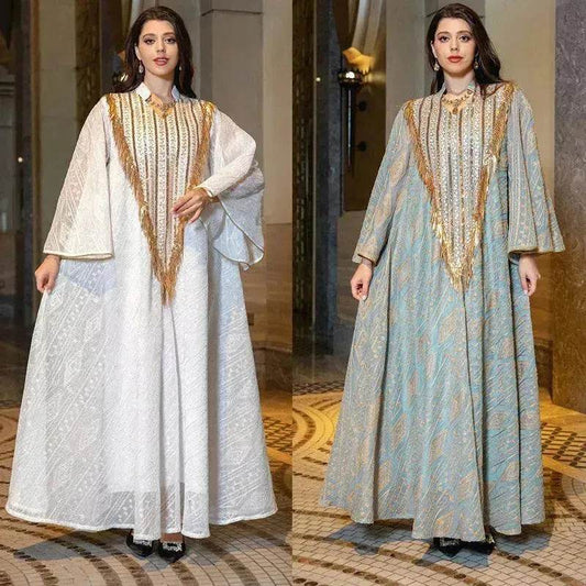 Festival Evening Party Mesh Embroidered Sequins Robe Abaya Dress for Arab Turkey Dubai Middle Eastern Women.