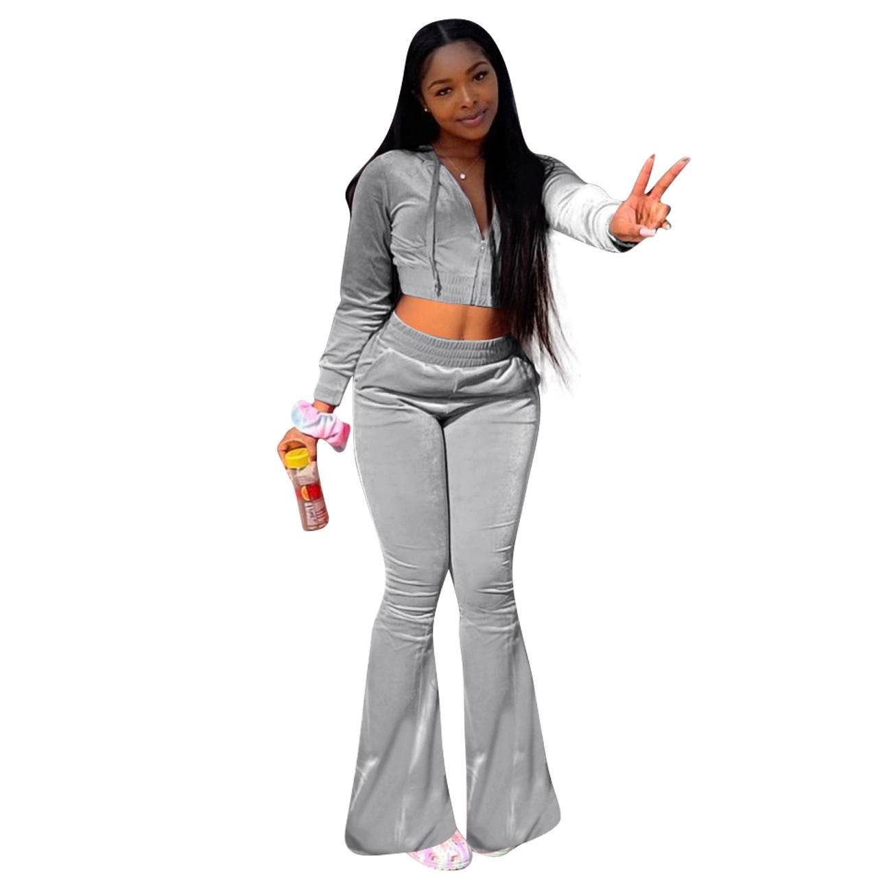 Women 2pcs Velvet Hoodie Wide leg Pant Crop top sweatsuit Athleisure Outfit - Velora