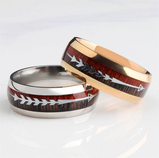 Stainless Steel Wood Grain Arrow Inlaid Ring - Velora