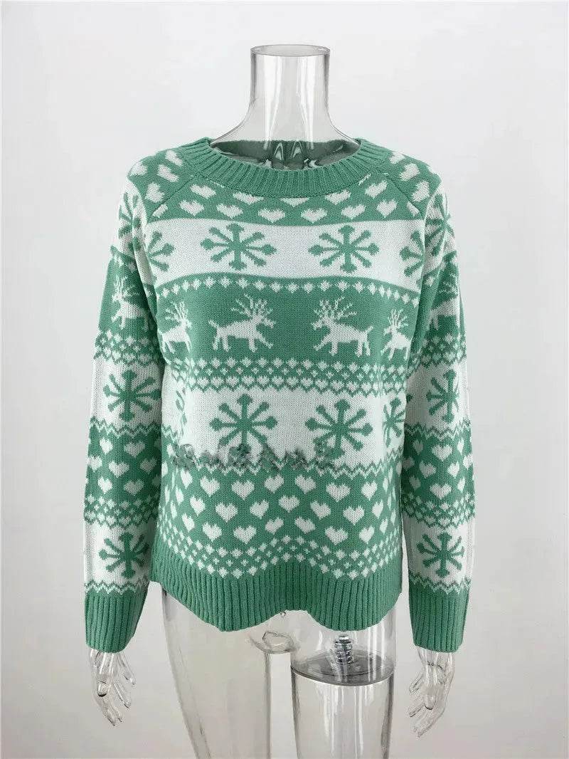 Elk Autumn And Winter New Knitted Round Neck Women's Christmas Snowflake Pullover Women's Sweater - Velora