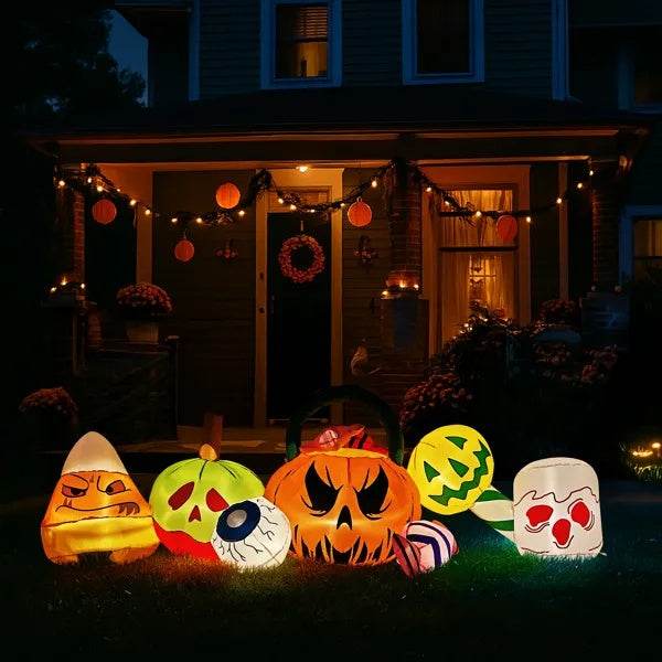 8FT Long Halloween Inflatables Pumpkins Eyeball Candy Outdoor Decorations, Blow Up Yard Decoration With Built-in LEDs Lighted For Lawn Garden Outside Indoor Decor - Velora