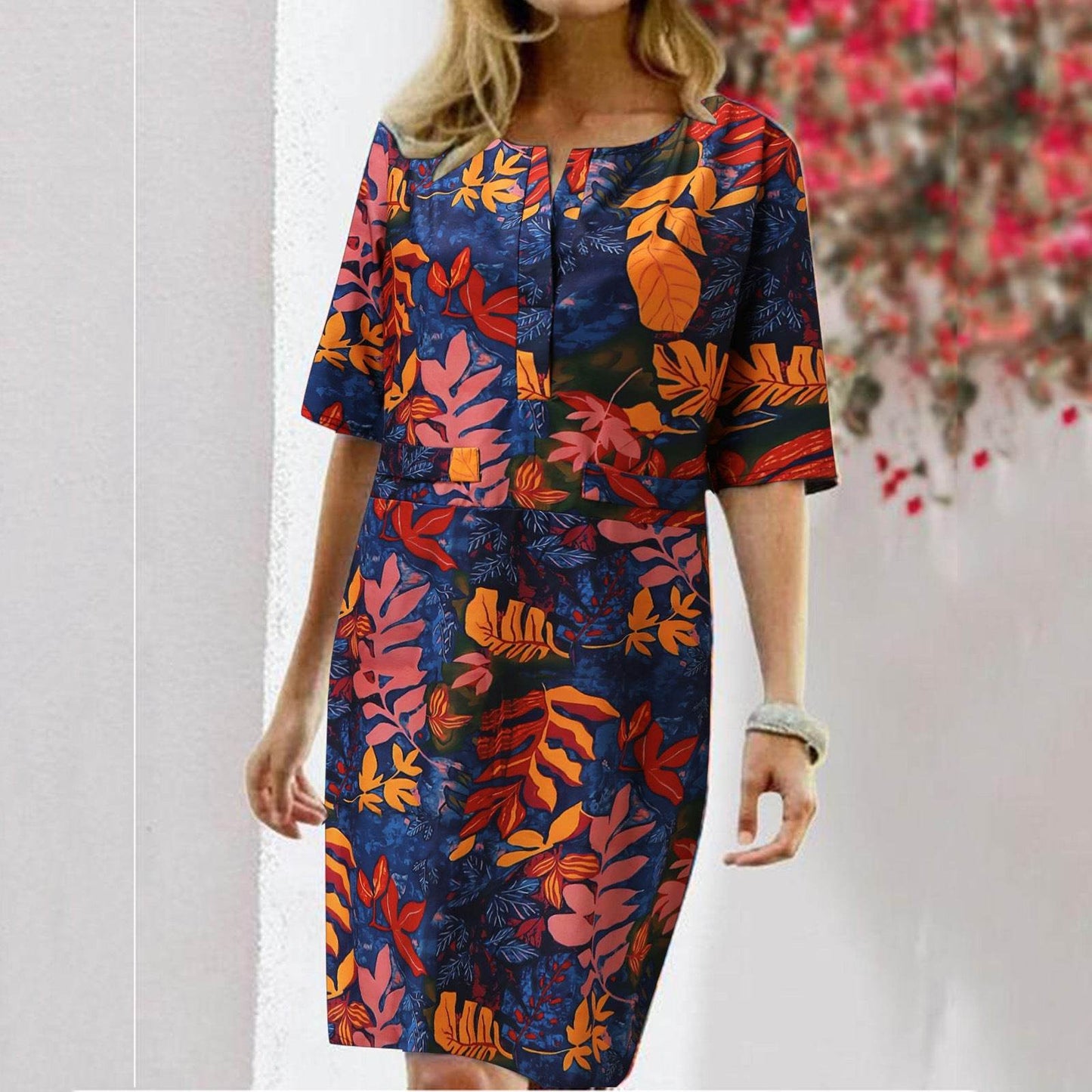 Vintage Dress Women Summer Floral Leaf Print Slit Round Neck Half Sleeve Dresses - Velora