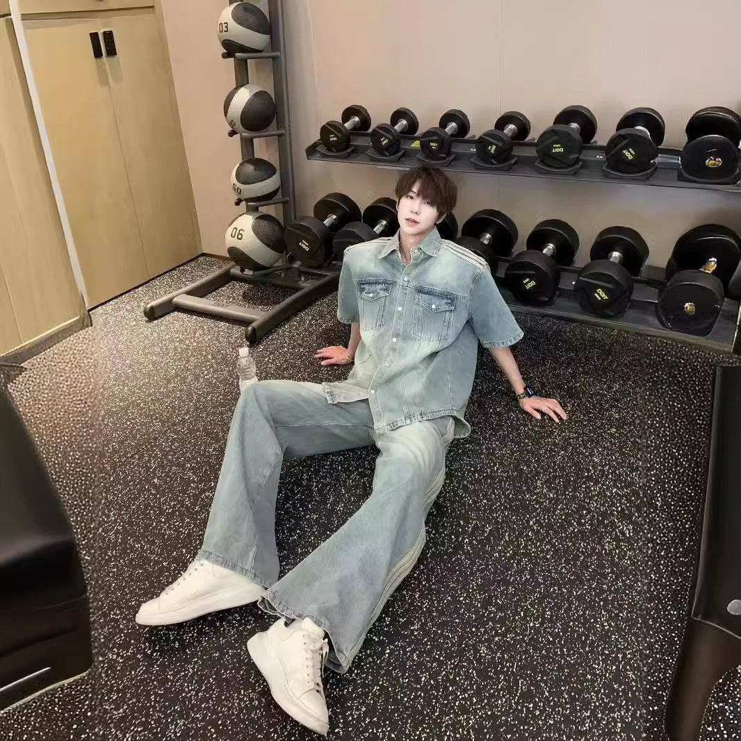 Retro Side Three Bar Stripes Short Sleeve Denim Shirt Outfit Men Jeans - Velora