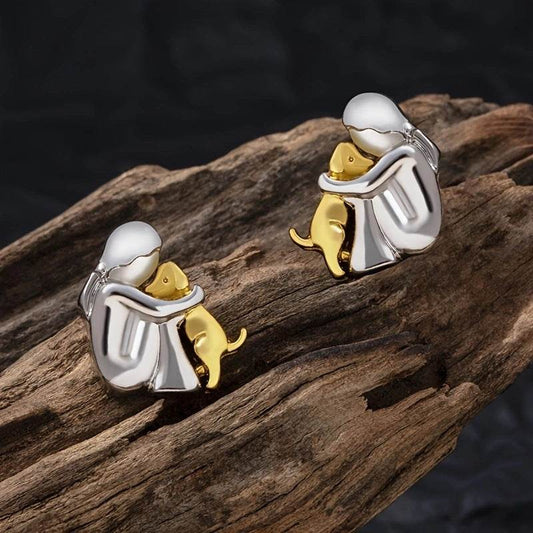 Fashion Jewelry Little Girl And Dog Hug Ear Studs - Velora