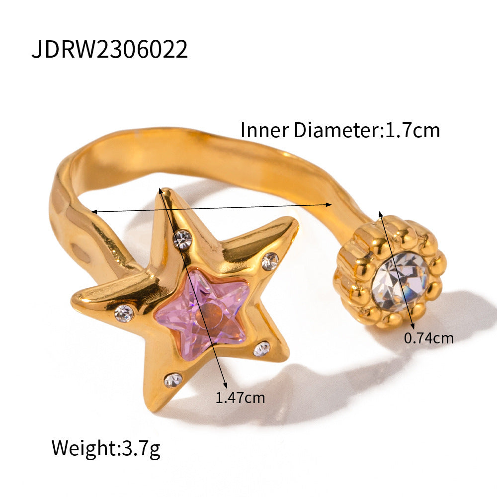 18K Gold Stainless Steel Open-end Zircon Ring High-grade Ins