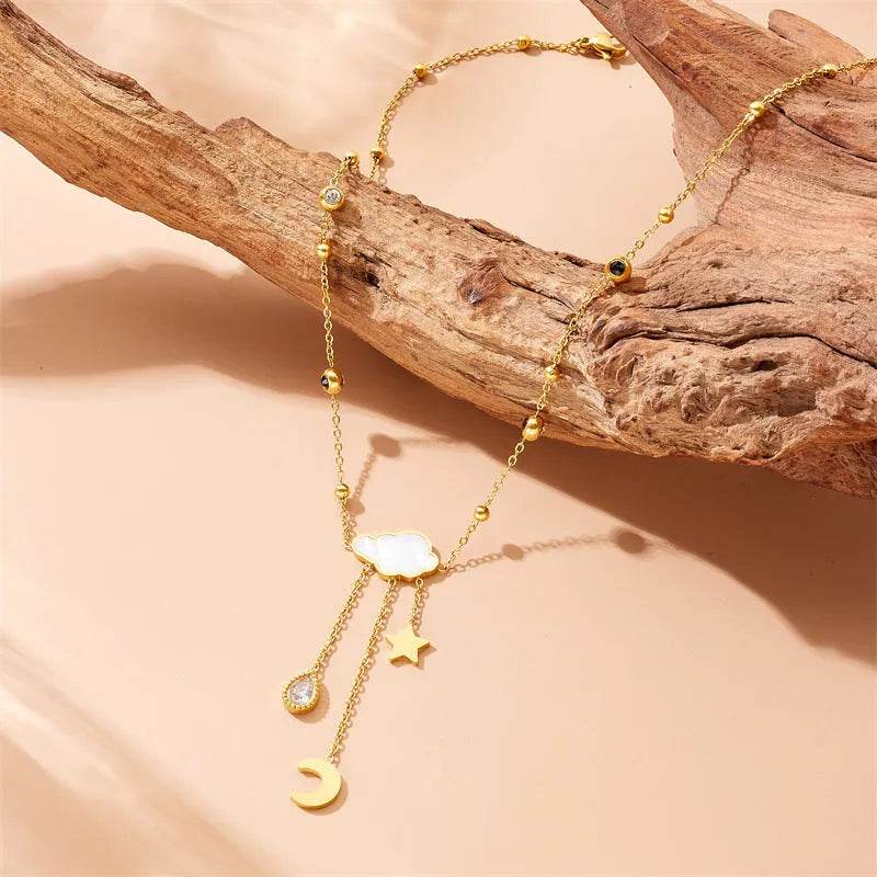 White Shell Cloud Star Moon Long Fringe Water Drop Fashion Necklace - Velora