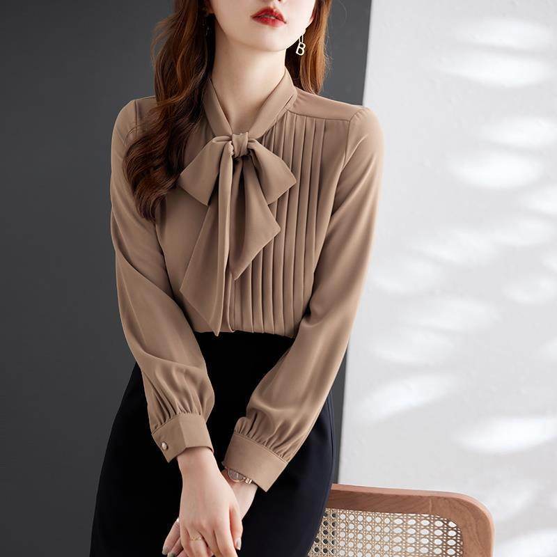 Women neck tie Chiffon Long Sleeve Shirt For work - Velora