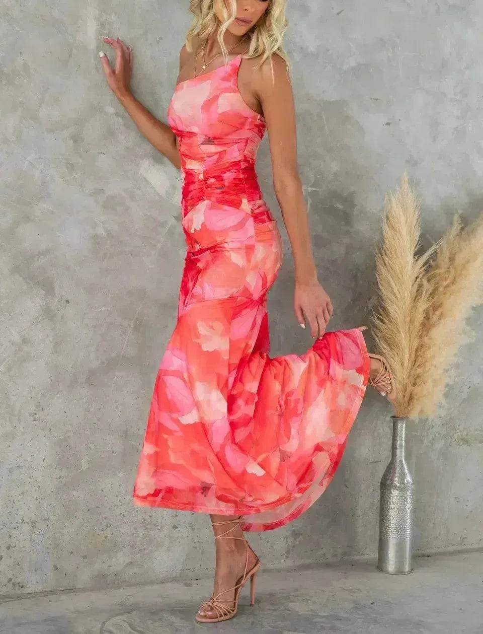 Flowers Print One-shoulder Midi Dress Summer INS Casual Suspender Women Dress - Velora