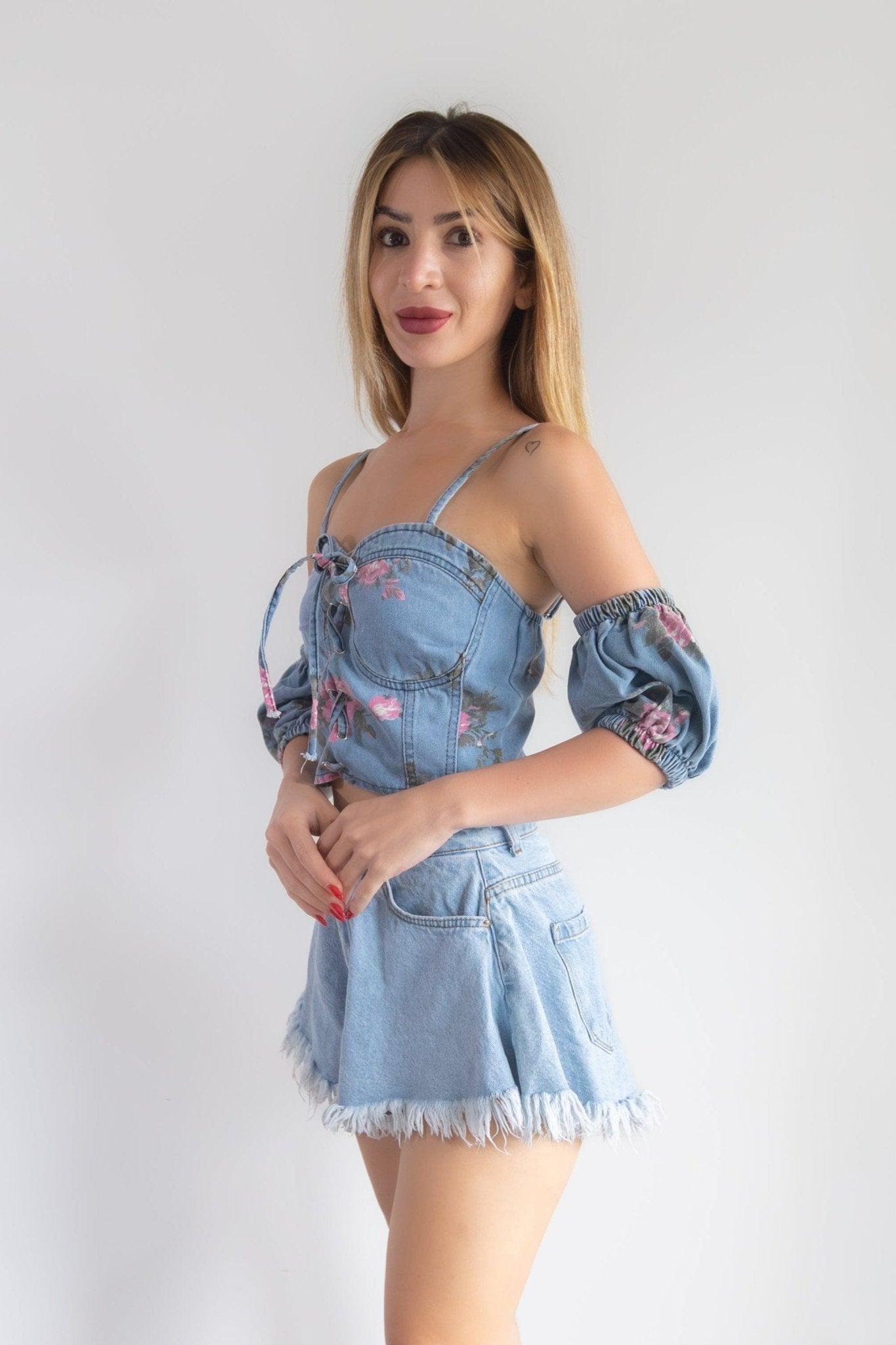 Floral Denim Top with Removable Sleeves