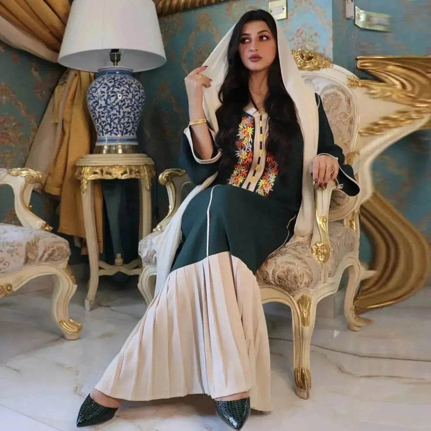 Four Seasons Embroidered Lace Chiffon Dubai Robe - Velora