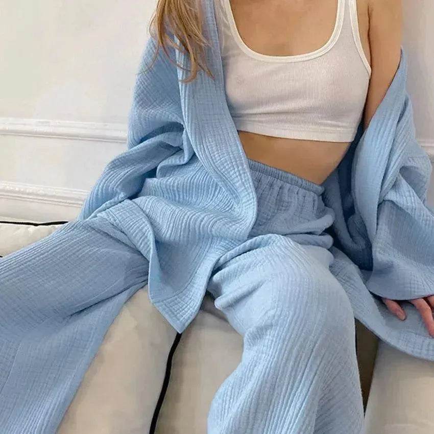 French Loose Kimono Jacket Trousers Double Gauze Ladies  Loungewear Outfit set