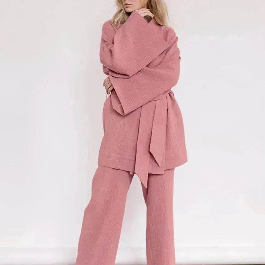 French Loose Kimono Jacket Trousers Double Gauze Ladies  Loungewear Outfit set