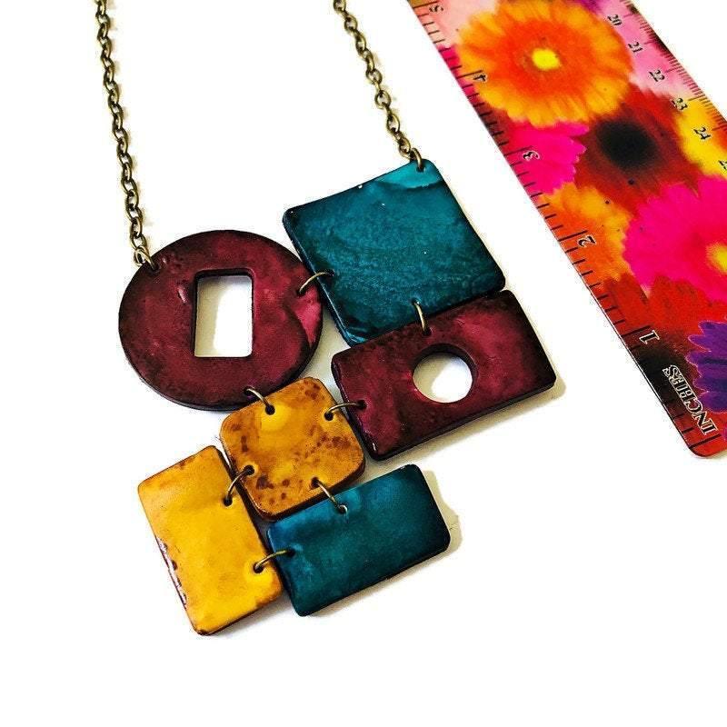 Geometric Statement Jewelry Set in Maroon, Mustard & Denim Blue - Velora Luxury Fashion