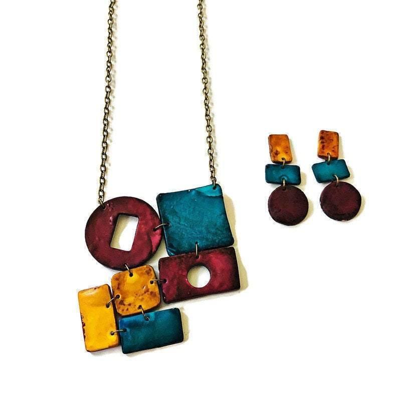 Geometric Statement Jewelry Set in Maroon, Mustard & Denim Blue - Velora Luxury Fashion