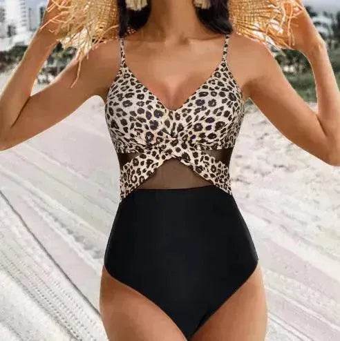 Halter neck One piece Swimsuit Summer Bikini Beach Solid Color Cross-strap Design Mesh - Velora