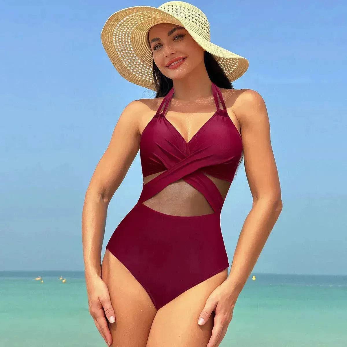 Halter neck One piece Swimsuit Summer Bikini Beach Solid Color Cross-strap Design Mesh - Velora