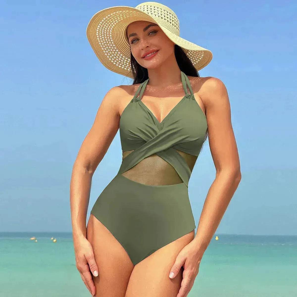 Halter neck One piece Swimsuit Summer Bikini Beach Solid Color Cross-strap Design Mesh - Velora