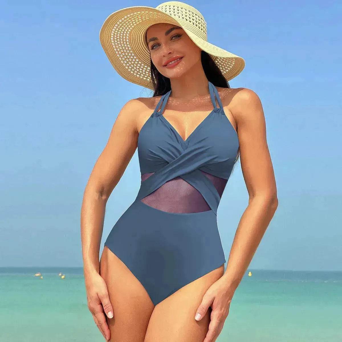 Halter neck One piece Swimsuit Summer Bikini Beach Solid Color Cross-strap Design Mesh - Velora