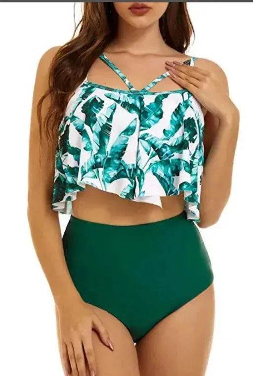 High Waist Split Swimsuit with Double Layer Lotus Leaf Design - Velora