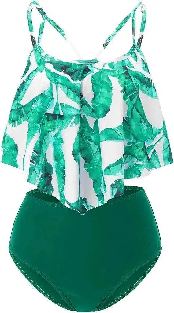 High Waist Split Swimsuit with Double Layer Lotus Leaf Design - Velora