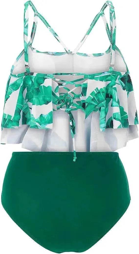 High Waist Split Swimsuit with Double Layer Lotus Leaf Design - Velora