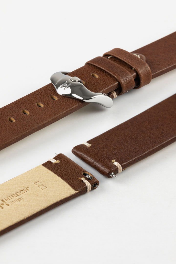 HIRSCH Ranger Retro Leather Parallel Strap Gold Brown 20mm Silver Buckle  | 05402070-20-SB - Velora Luxury Fashion