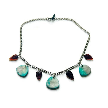 Minimalist Beaded Necklace Icy Blue & Silver with Brown Glass Leaves - Velora Luxury Fashion
