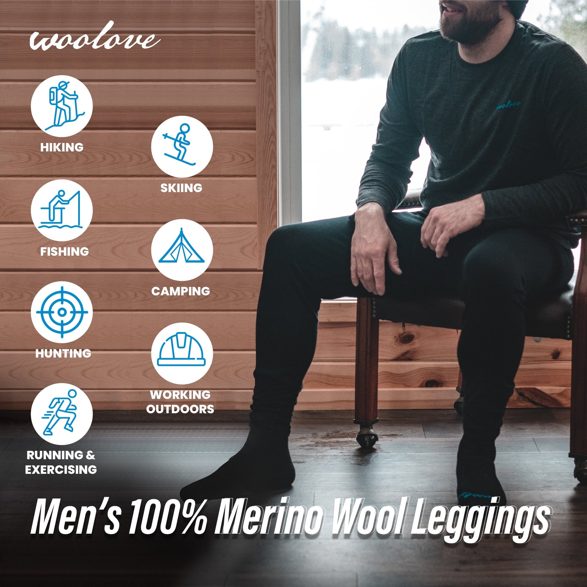 Men's 100% Merino Wool Long Underwear Base Layer Leggings 190 GSM - Midweight - Velora