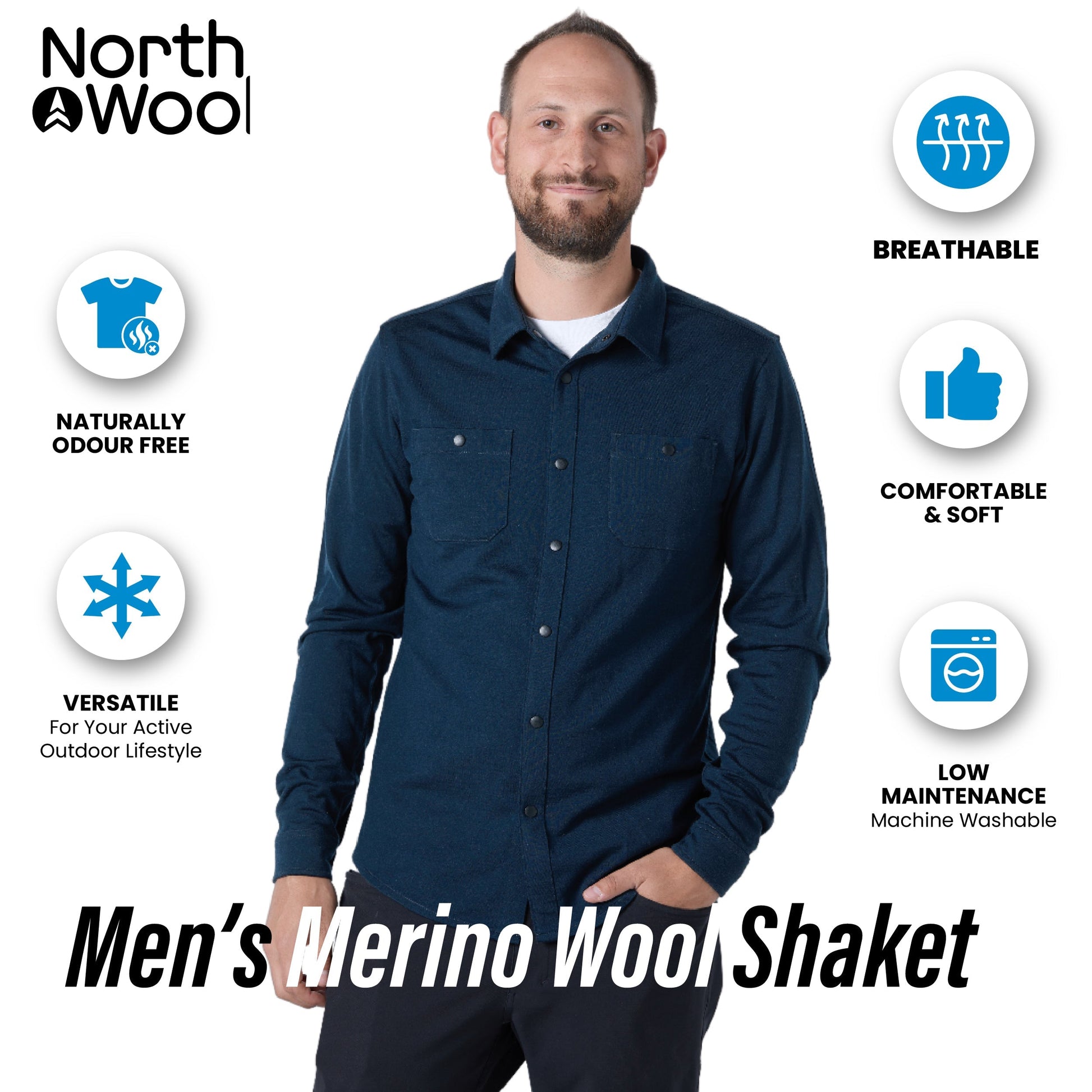 NorthWool Men's Merino Wool Shaket - Midweight Button Down Regular Fit (Navy) - Velora