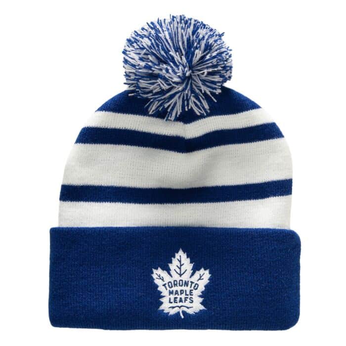 NHL MAPLE LEAFS Mitchell & Ness Stripe Cuffed Knit Hat with Pom KTPCLD21212TMLB - Velora