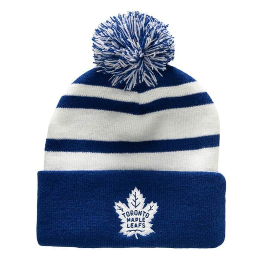 NHL MAPLE LEAFS Mitchell & Ness Stripe Cuffed Knit Hat with Pom KTPCLD21212TMLB - Velora