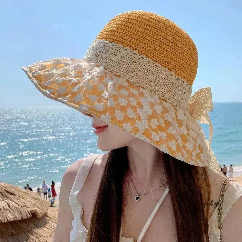 Lace Bow Straw Fisherman Hat Summer Outdoor Sunhat With Large Brim Anti-UV Sunshade And Face Protection Hat - Velora