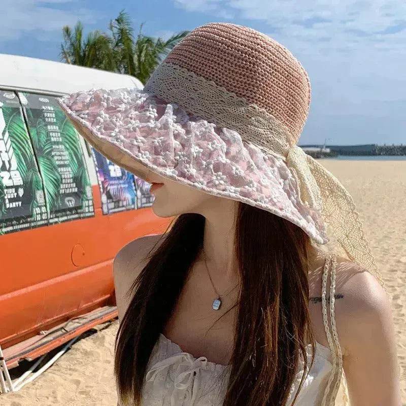 Lace Bow Straw Fisherman Hat Summer Outdoor Sunhat With Large Brim Anti-UV Sunshade And Face Protection Hat - Velora